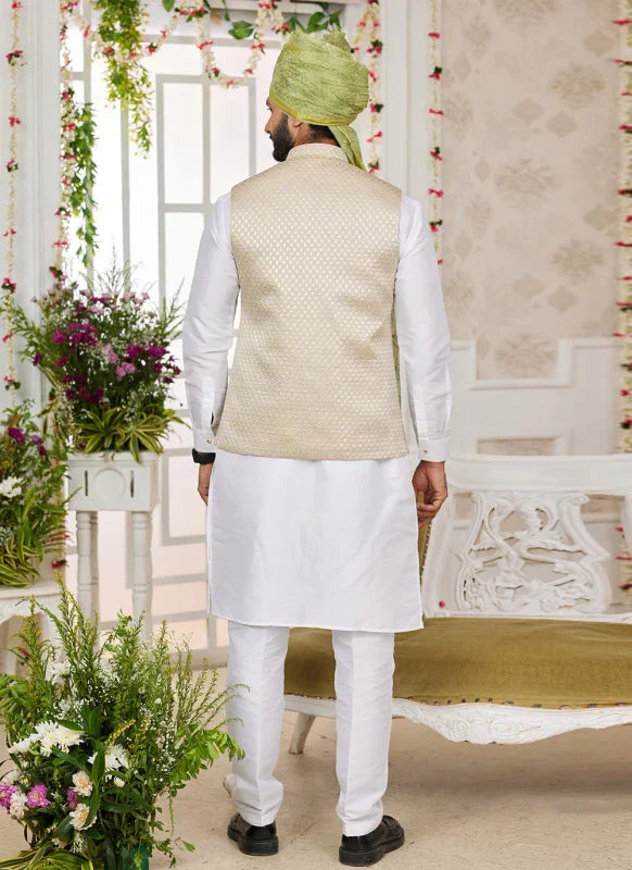 Men's Off White Art Silk Embroidery Work Jacket Set