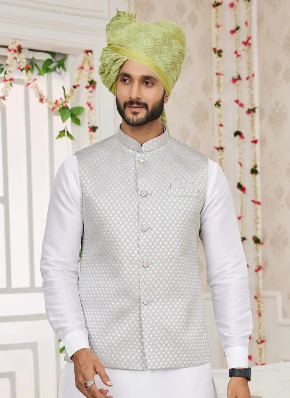 Men's Grey Art Silk Embroidery Work Jacket Set