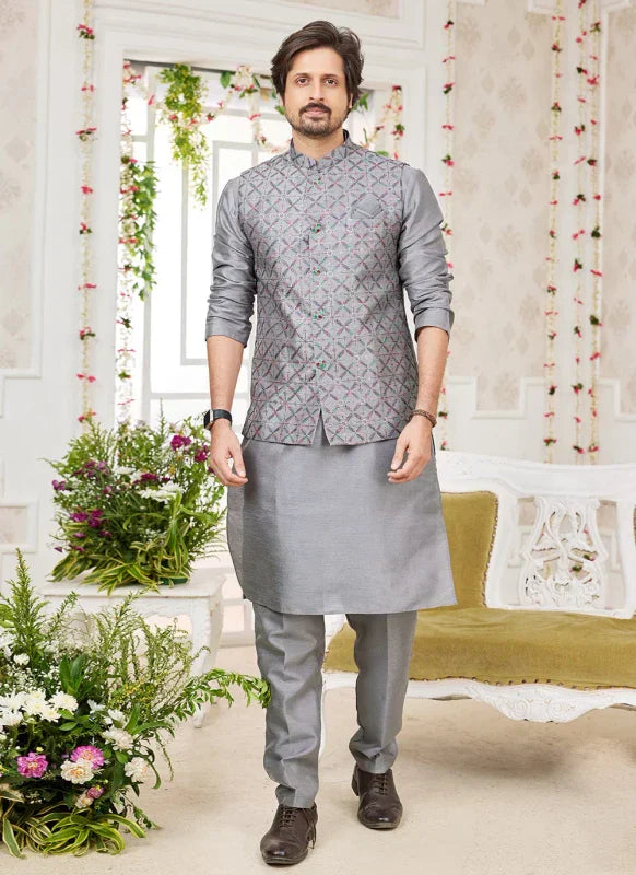 Men's Dark Grey Art Silk Embroidery Work Jacket Set