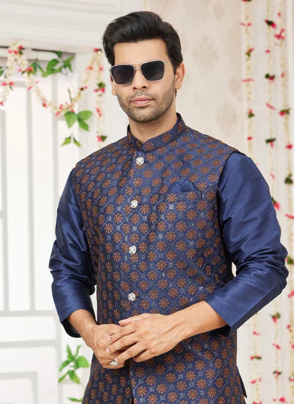 Men's Blue Art Silk Embroidery Work Jacket Set