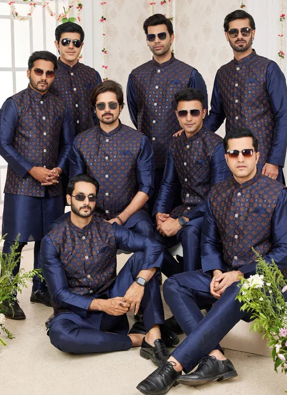 Men's Blue Art Silk Embroidery Work Jacket Set