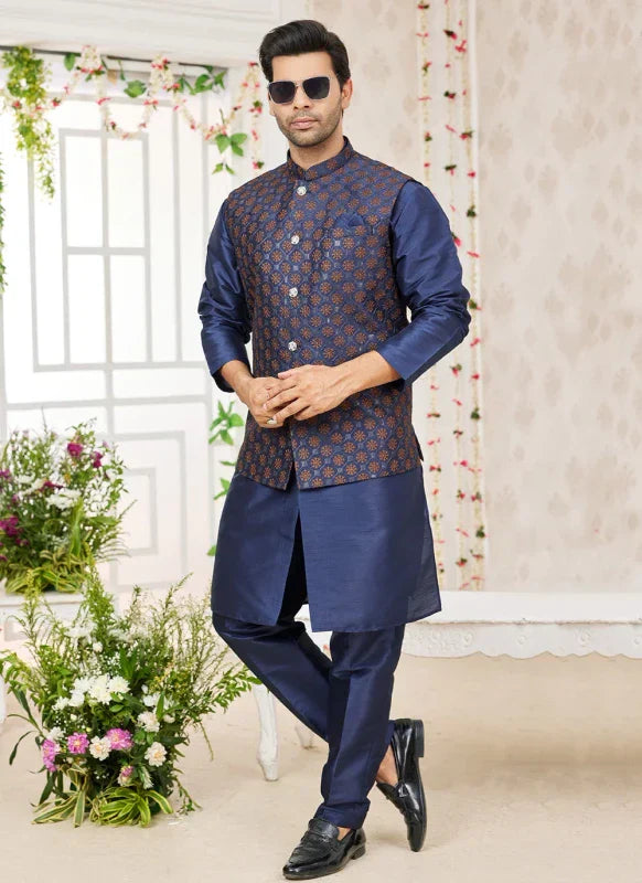Men's Blue Art Silk Embroidery Work Jacket Set