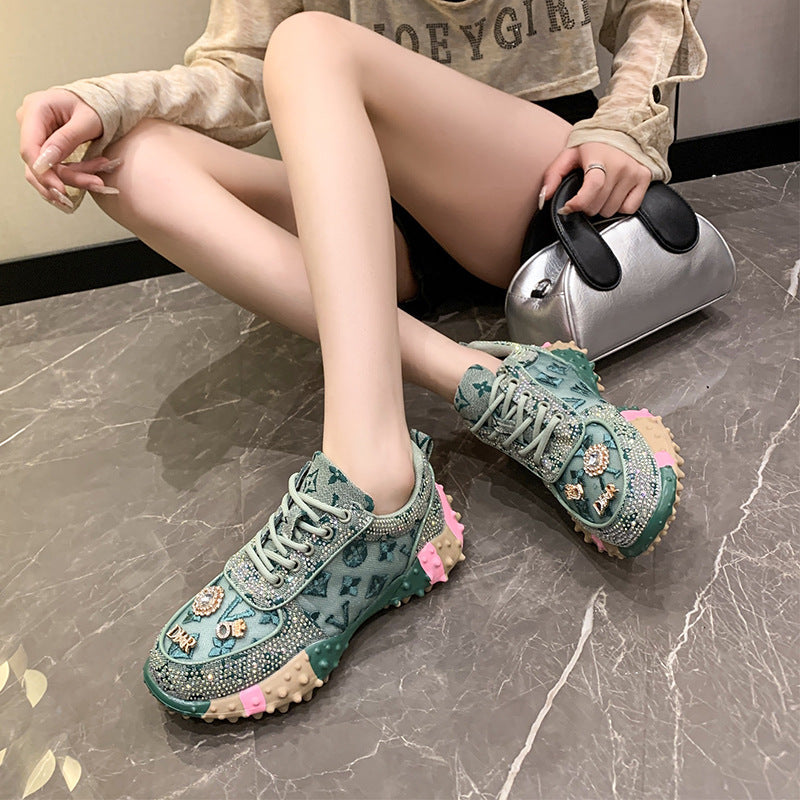 Women’s Lumira Embroidered Letter Mesh Platform Sneakers – Rhinestone Detail Chunky Sole Light Luxury Fashion Sneakers (US 4–10.5)