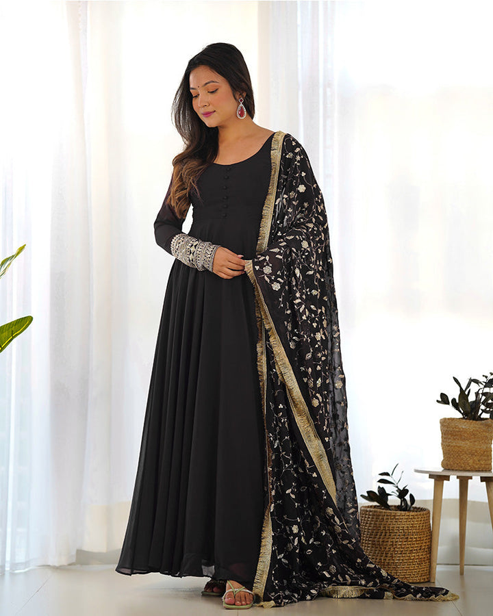 Black Color Soft Georgette Anarkali Gown With Heavy Embroidery Work Dupatta  - By Qivii