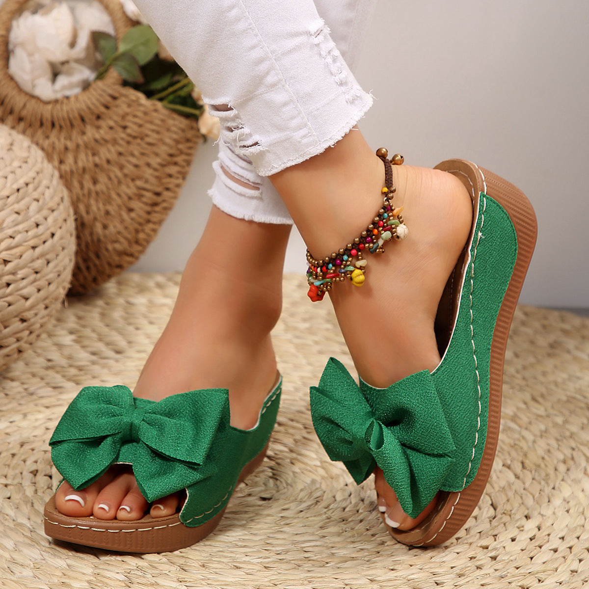 Women’s Liora Bow Flower Platform Wedge Slide Sandals – Peep-Toe Wide Strap Summer Slides (US 5–10.5)