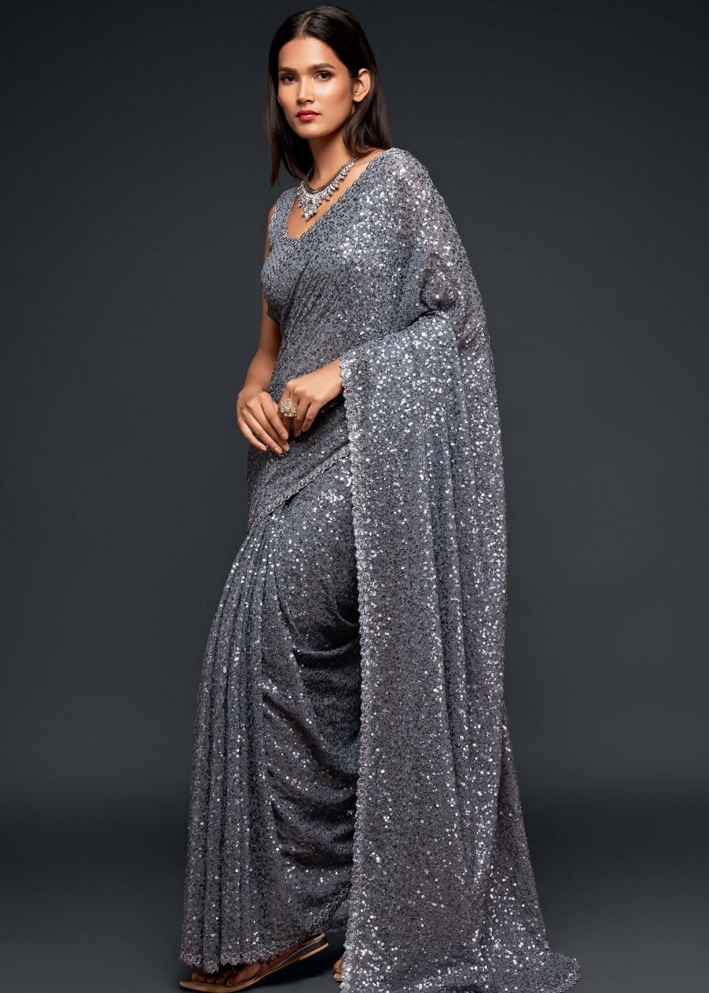 Silver Grey Sequins & Thread Embroidered Designer Georgette Saree with intricate detailing and elegant design for special occasions