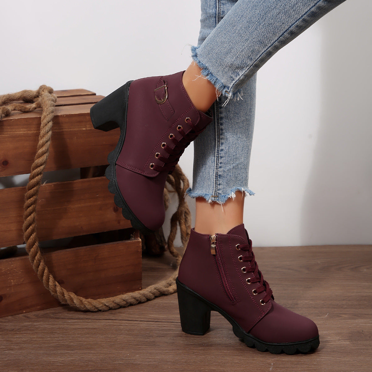 Women's Buckle Decorated Chunky Heel Ankle Boots - Side Zipper & Lace-Up Round Toe Mid-Calf Equestrian Boots (US 4-10)