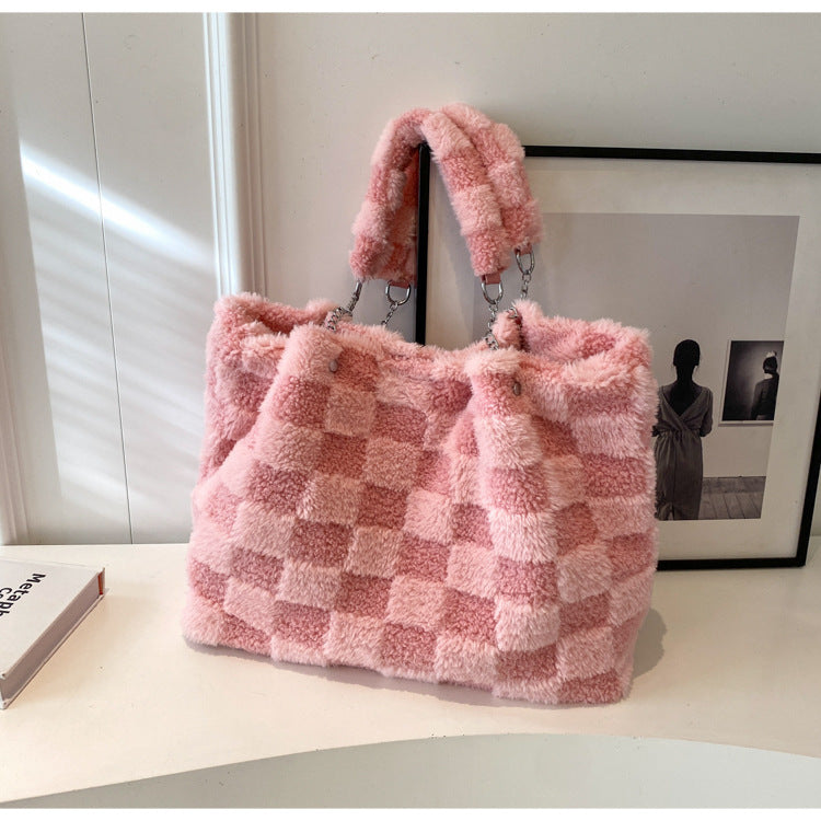 Women's Large-Capacity Plush Handbag | Trendy Quilted Chain Shoulder Bag with Patchwork Design