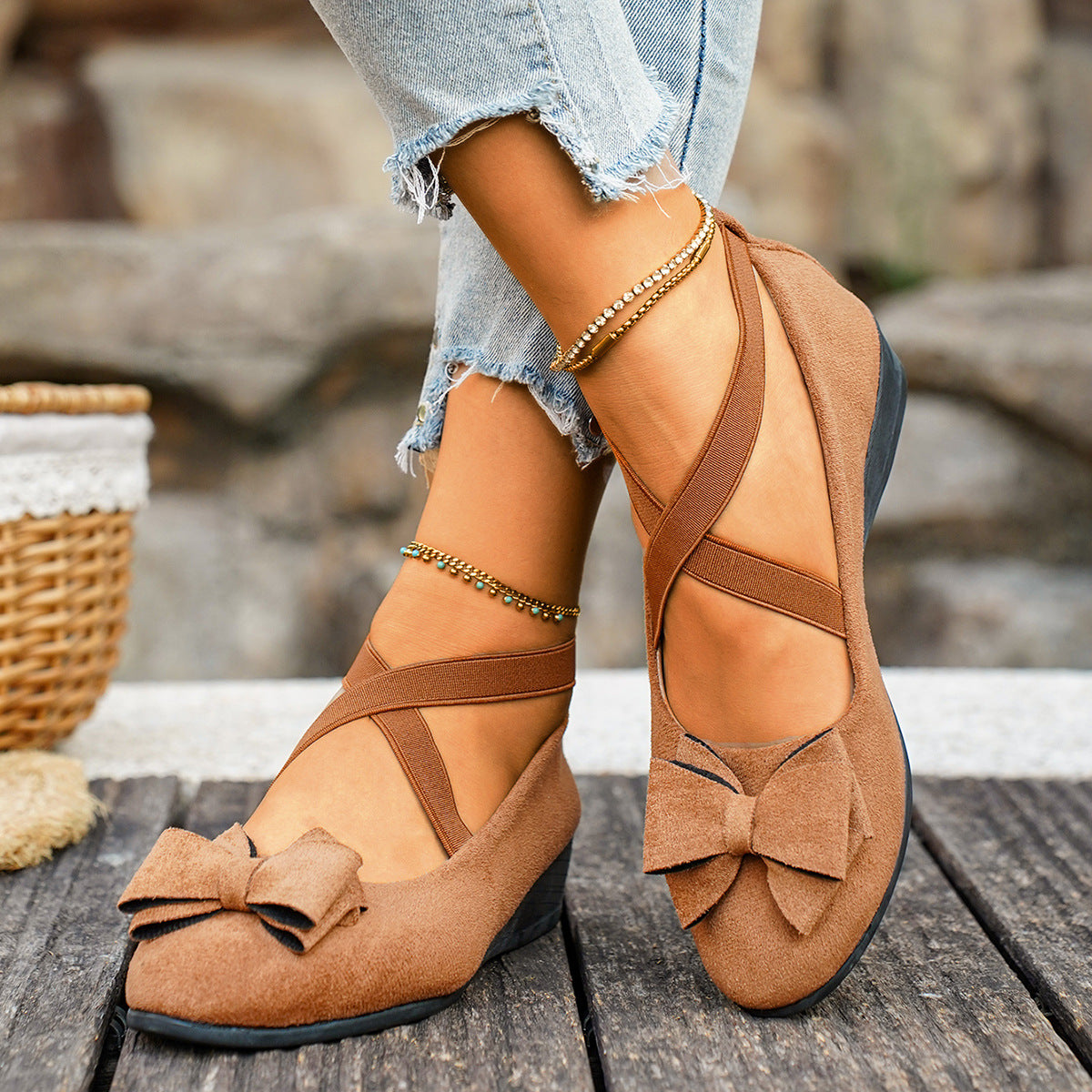 Women’s Elara Bow Suede Wedge Loafers – Elastic Cross-Strap Comfort Slip-Ons (US 5–10.5)