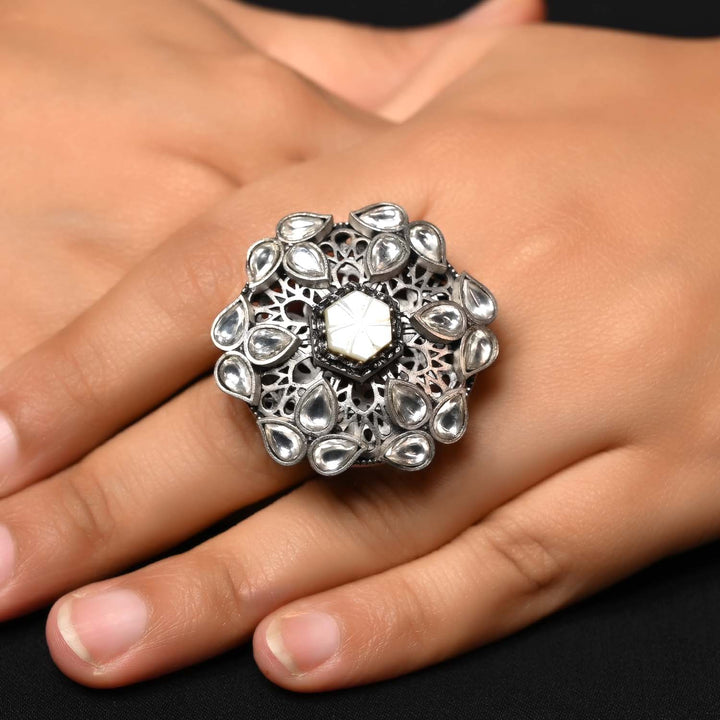 Geeta White Stone Oxidized Silver Boutique Ring on woman's hand