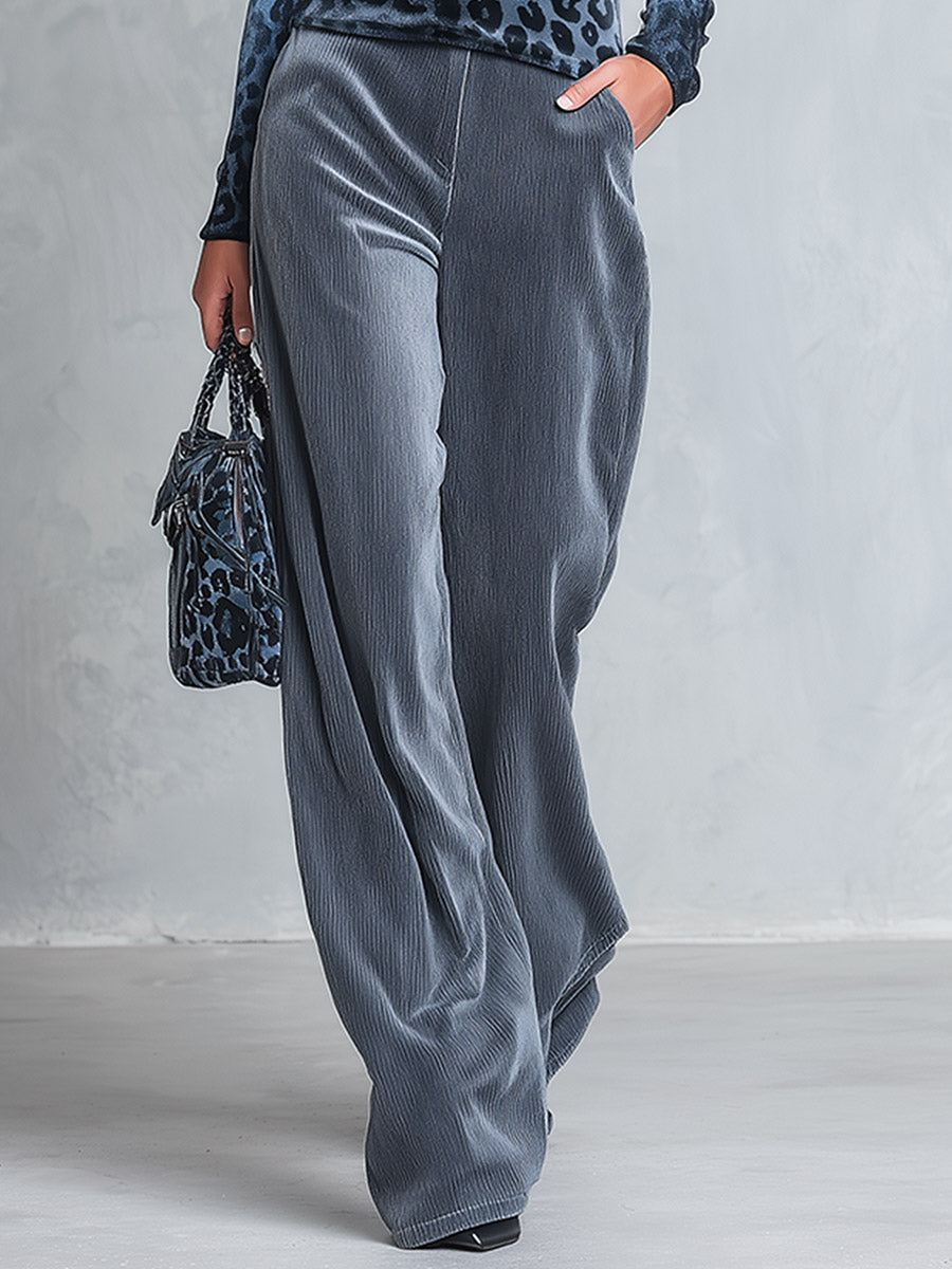 Stylish Retro Blue-Grey Leopard-Print High-Neck Top And Wide-Leg Pants Velvet Set  - By Qivii