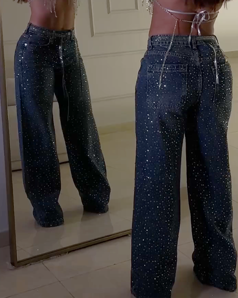 Fashionable Washed Mid Waist Diamond Studded Straight Leg Jeans  - By Qivii