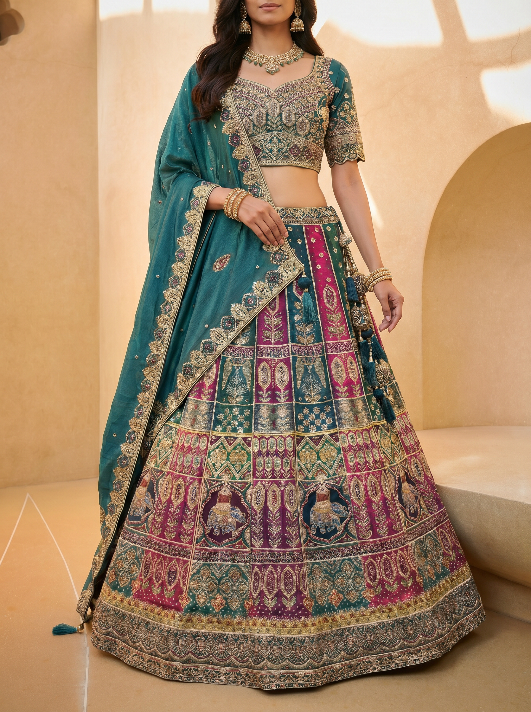 Teal - Position Print Georgette Golden Embroidered Work Ready to Wear Lehenga Choli