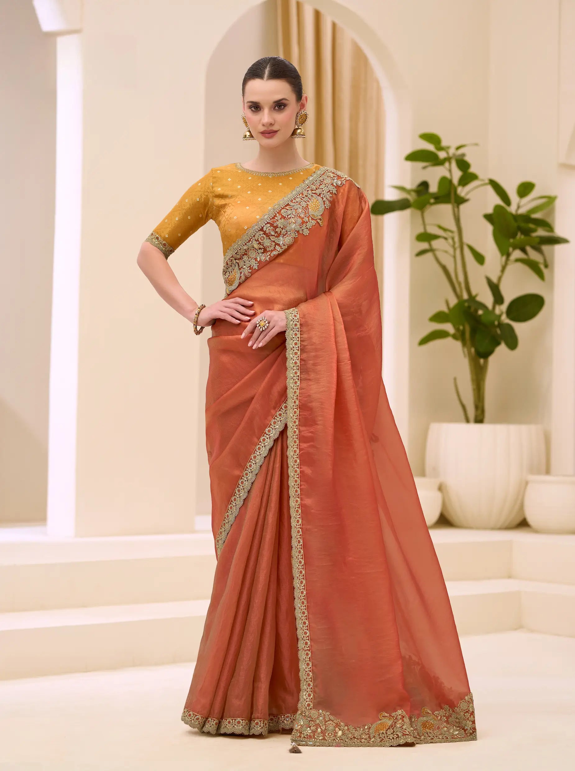 Rust Orange Georgette Party wear Saree