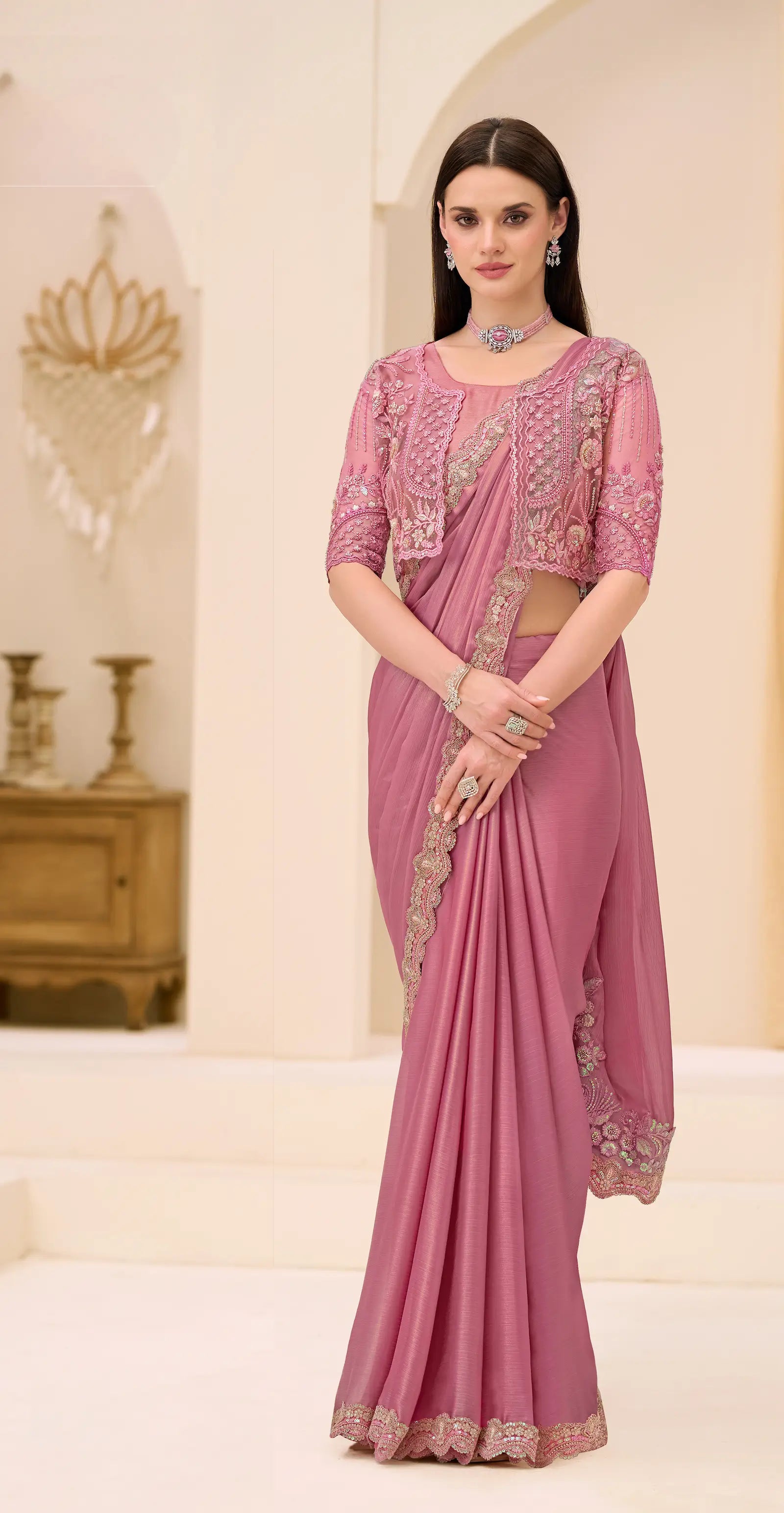 Powder Pink Georgette Party wear Saree