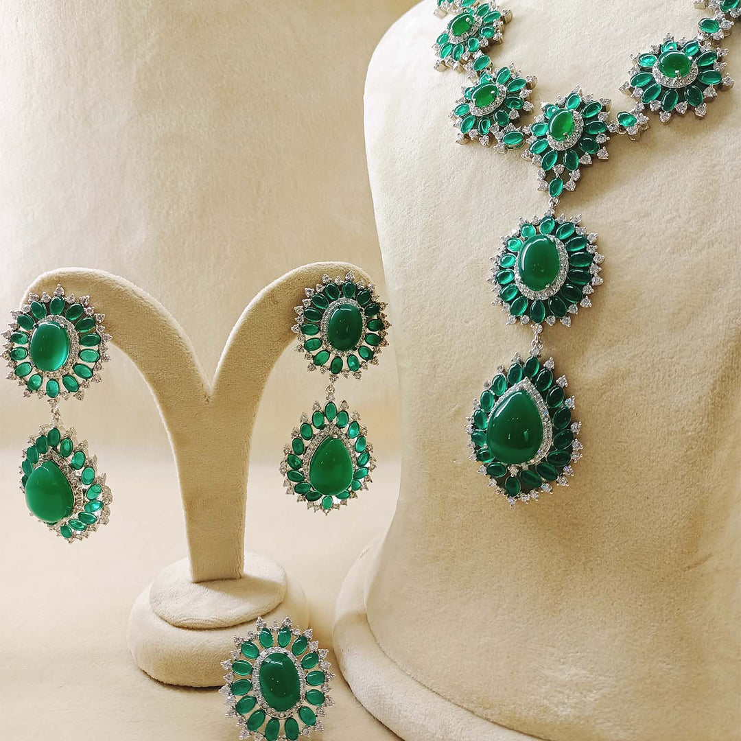 Aatifa Green Emerald And American Diamond Necklace Set With Beautiful Finger Ring