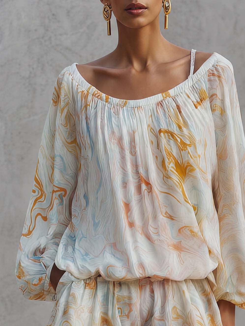 Elegant Urban Print White Chiffon Set  - By Qivii