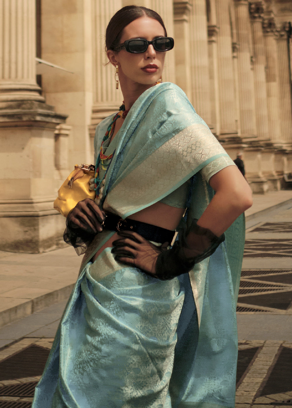 Baby Blue Handloom Woven Satin Silk Saree - qivii