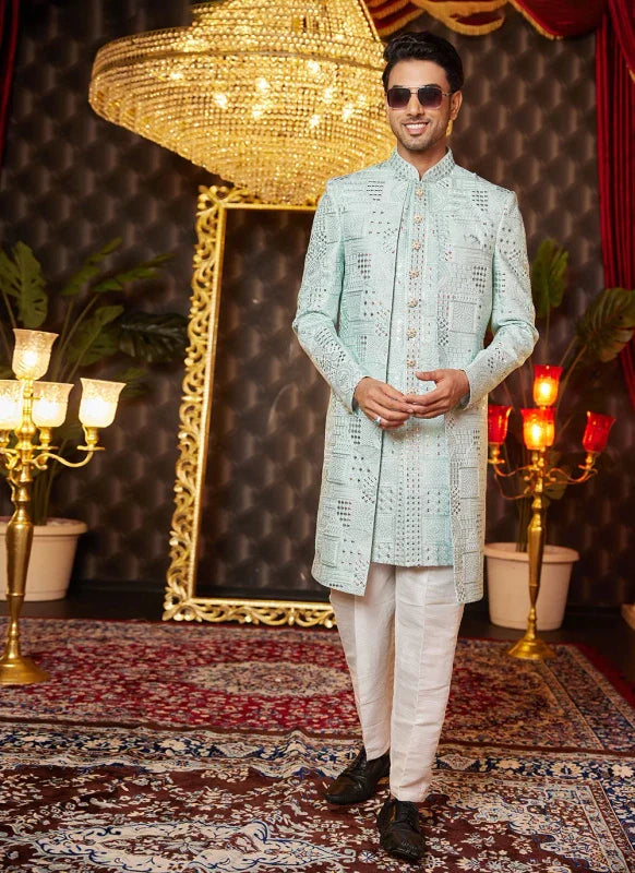 Men's Pista Green Art Silk Thread Work Indo Western Set