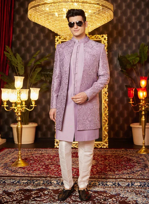 Men's Light Purple Art Silk Thread Work Indo Western Set
