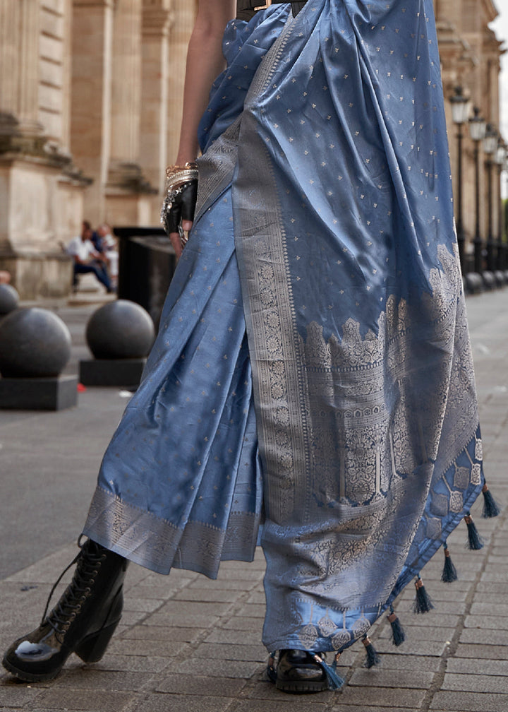 Cornflower Blue Handloom Woven Satin Silk Saree