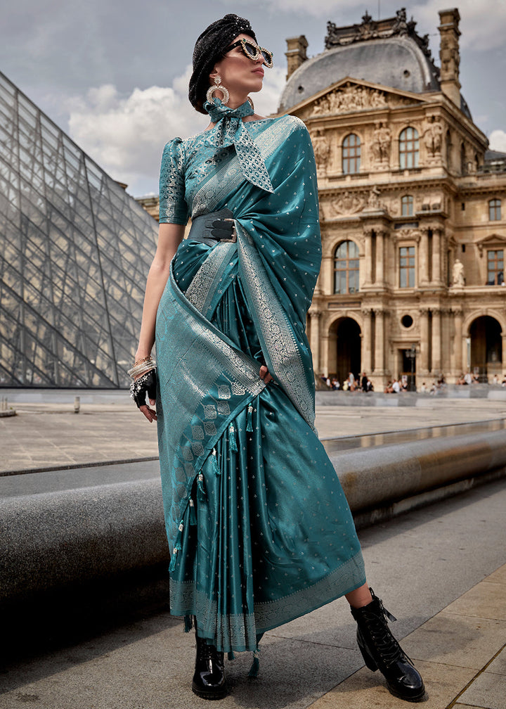 Celadon Blue Handloom Woven Satin Silk Saree