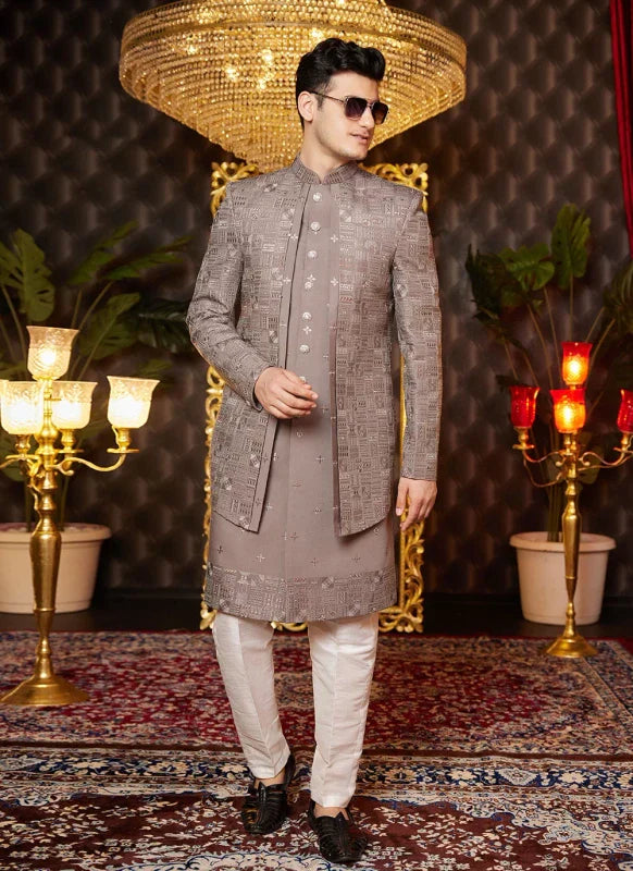 Men's Brown Art Silk Thread Work Indo Western Set