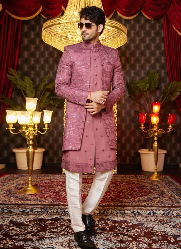 Men's Onion Pink Art Silk Thread Work Indo Western Set