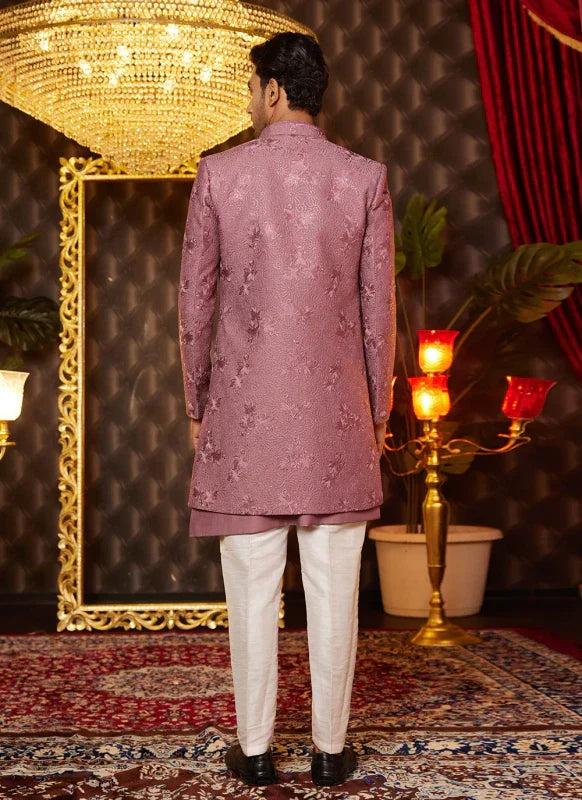 Men's Dusty Pink Art Silk Thread Work Indo Western Set