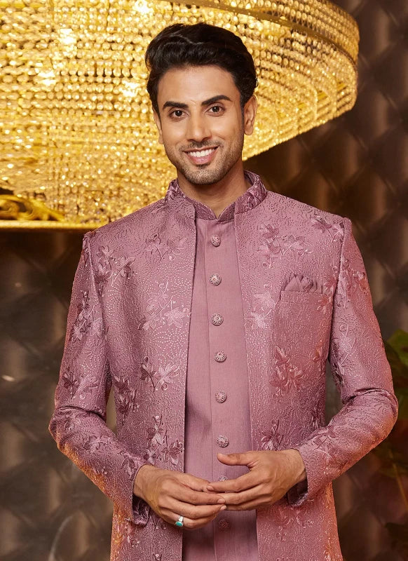 Men's Dusty Pink Art Silk Thread Work Indo Western Set