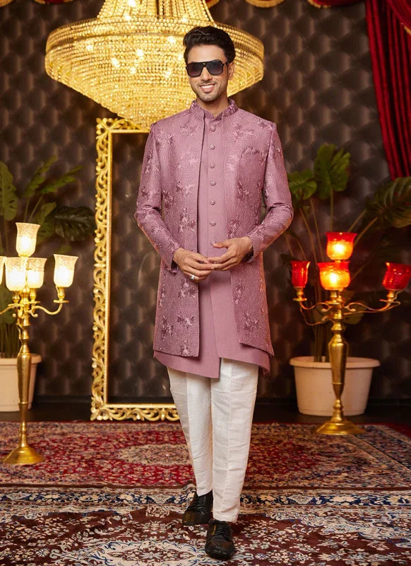 Men's Dusty Pink Art Silk Thread Work Indo Western Set