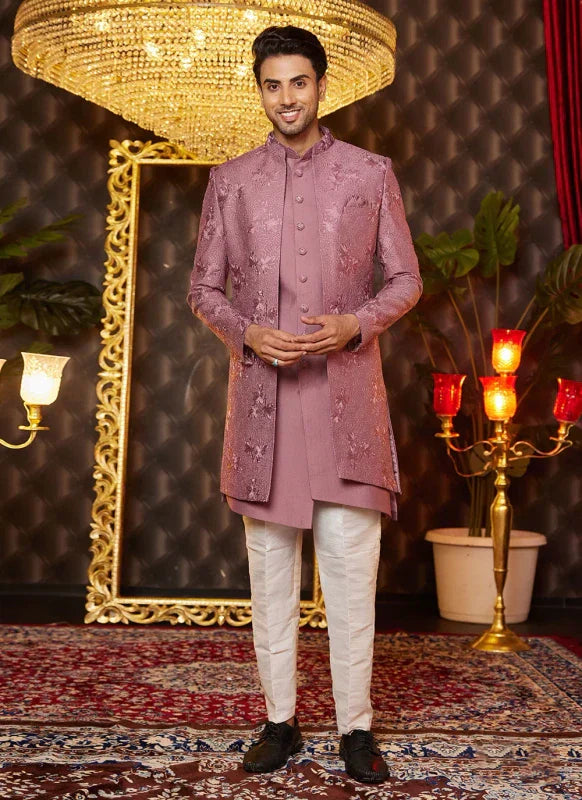 Men's Dusty Pink Art Silk Thread Work Indo Western Set