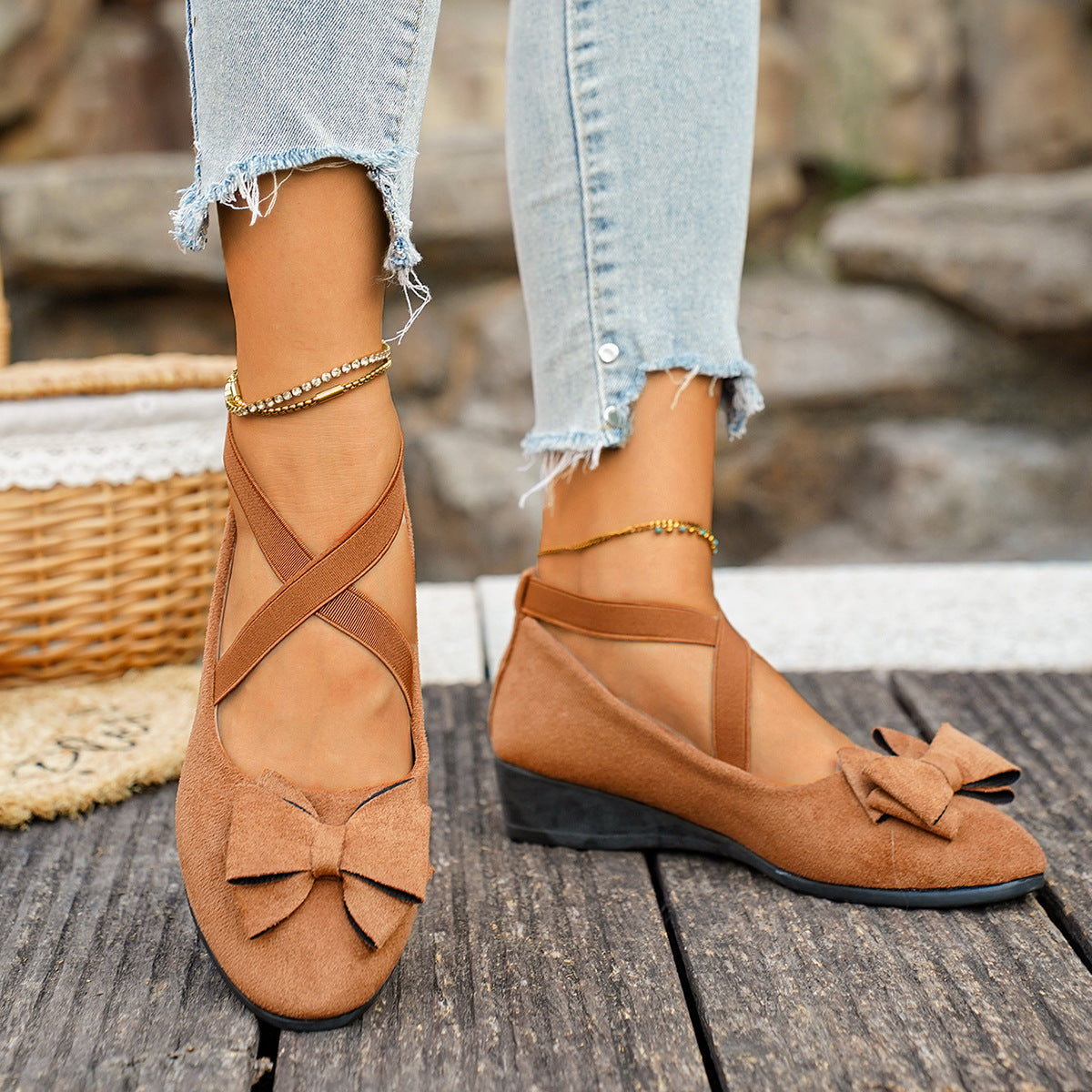 Women’s Elara Bow Suede Wedge Loafers – Elastic Cross-Strap Comfort Slip-Ons (US 5–10.5)