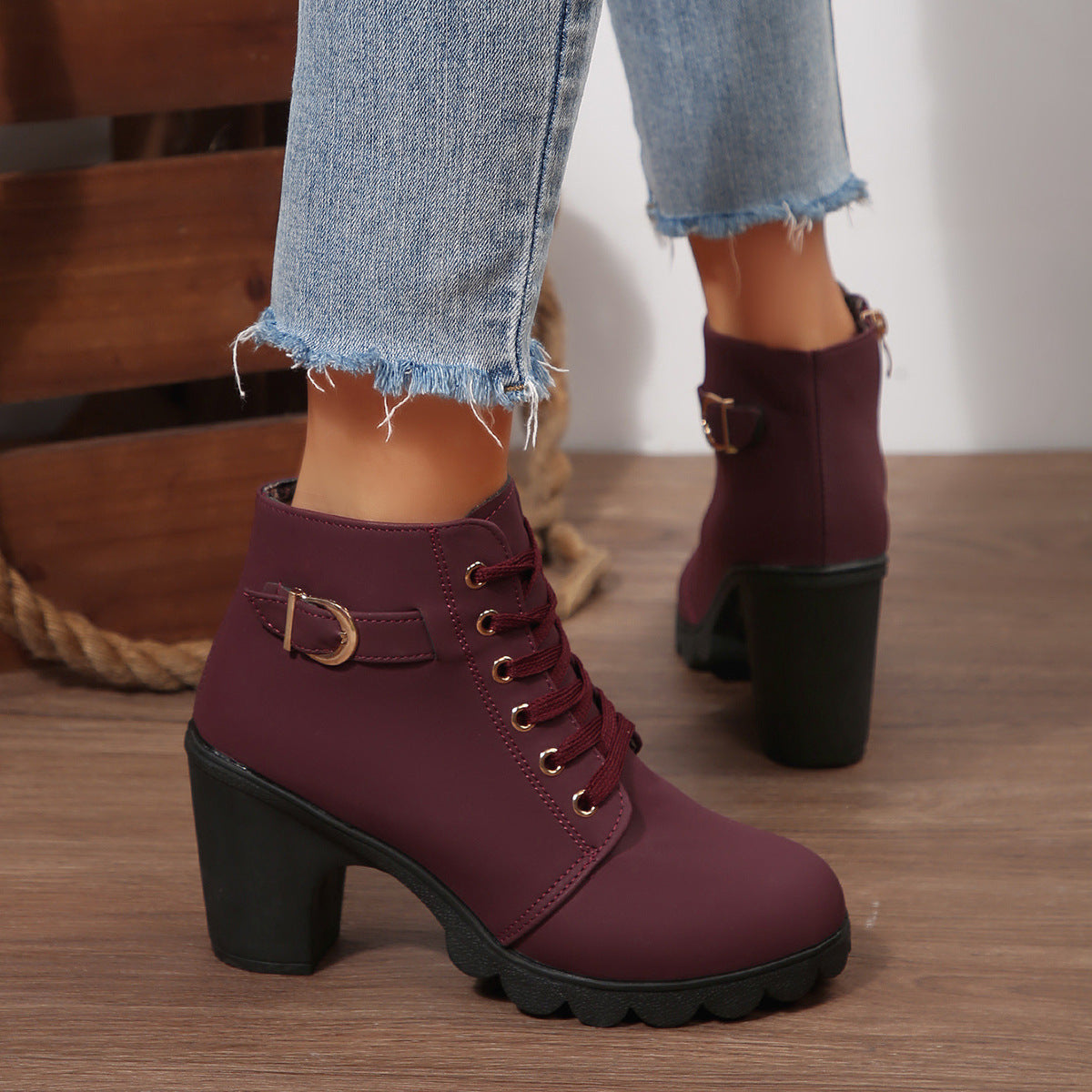Women's Buckle Decorated Chunky Heel Ankle Boots - Side Zipper & Lace-Up Round Toe Mid-Calf Equestrian Boots (US 4-10)