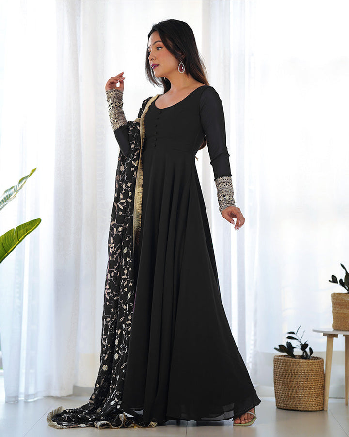 Black Color Soft Georgette Anarkali Gown With Heavy Embroidery Work Dupatta  - By Qivii