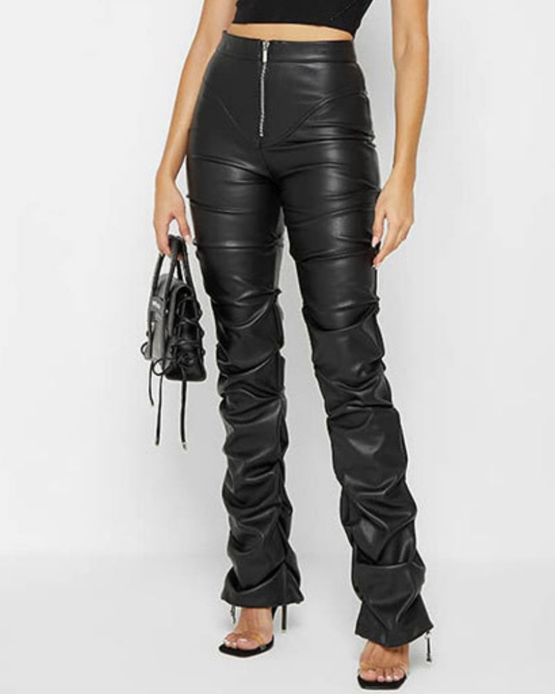 PU Leather Personalized Pleated Flared Pants  - By Qivii