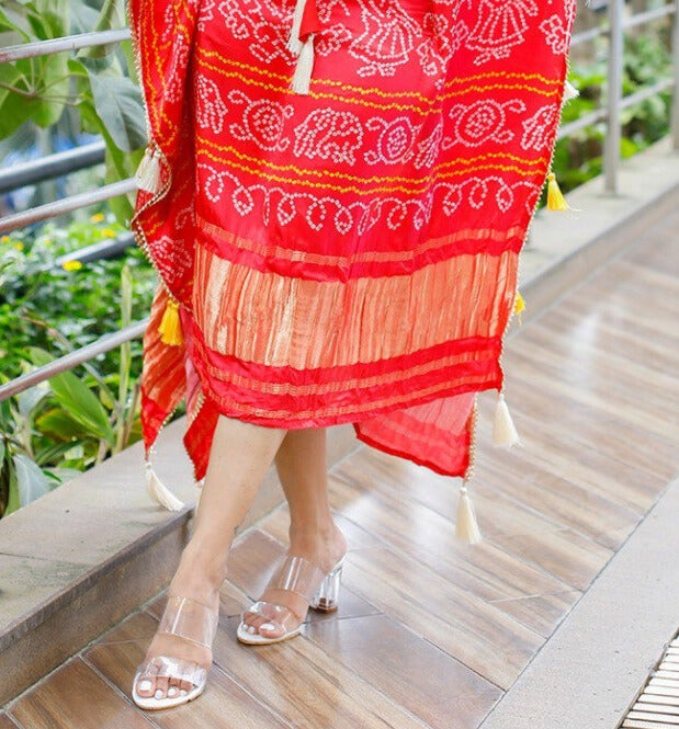 Red Pure Gaji Silk Digital Print with Gotta Patti Lace Border also comes with tassels Kaftan Dress