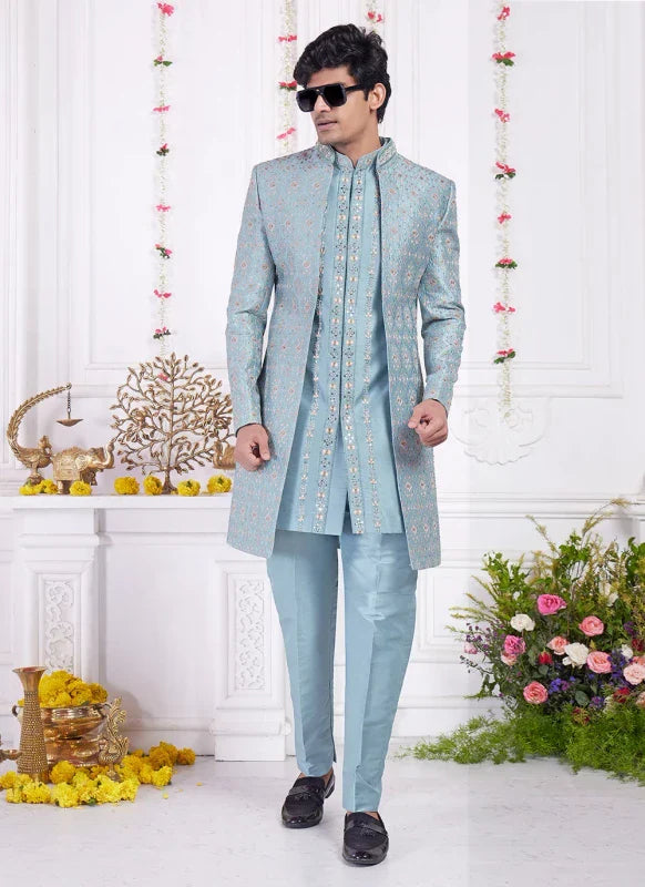 Men's Cyan Art Silk Thread Work Indo Western Set
