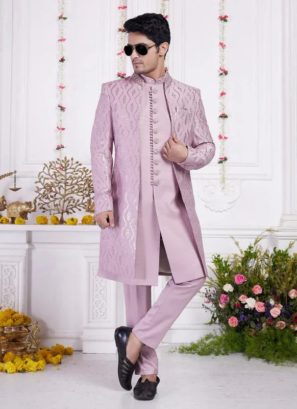 Men's Onion Art Silk Thread Work Indo Western Set