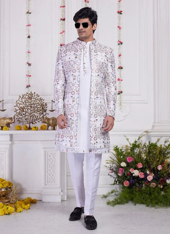 Men's Cream Art Silk Thread Work Indo Western Set