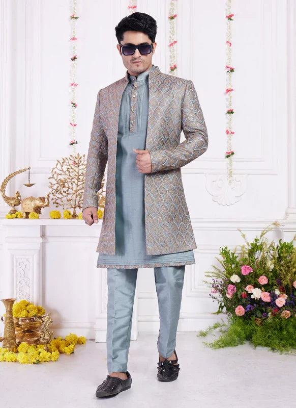 Men's Grey Blue Art Silk Thread Work Indo Western Set