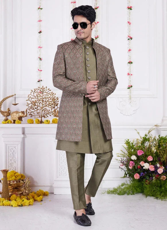 Men's Green Art Silk Thread Work Indo Western Set