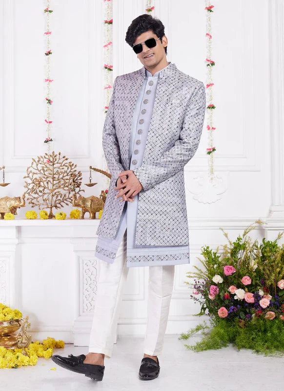 Men's Grey Art Silk Thread Work Indo Western Set