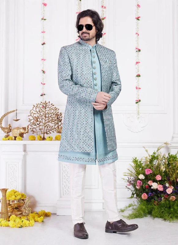 Men's Blue Art Silk Thread Work Indo Western Set