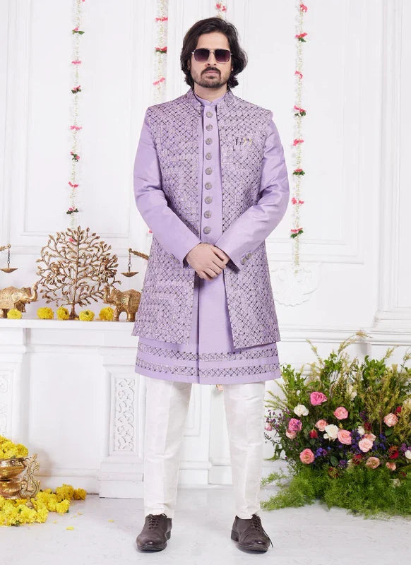 Men's Purple Art Silk Thread Work Indo Western Set