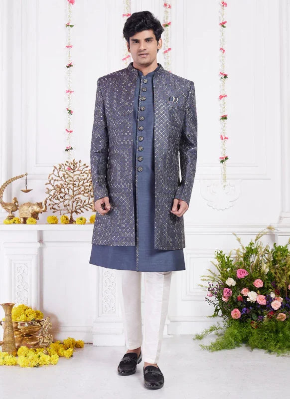 Men's Dark Grey Art Silk Thread Work Indo Western Set