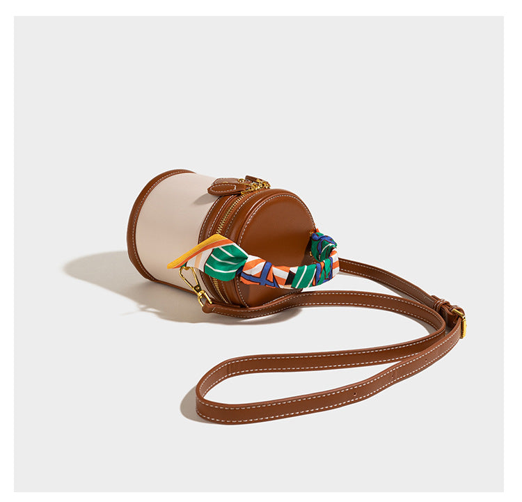 Women's Retro Color-Block Barrel Bag – Mini Cylinder Cosmetic Case with Detachable Silk Scarf & Chain Strap