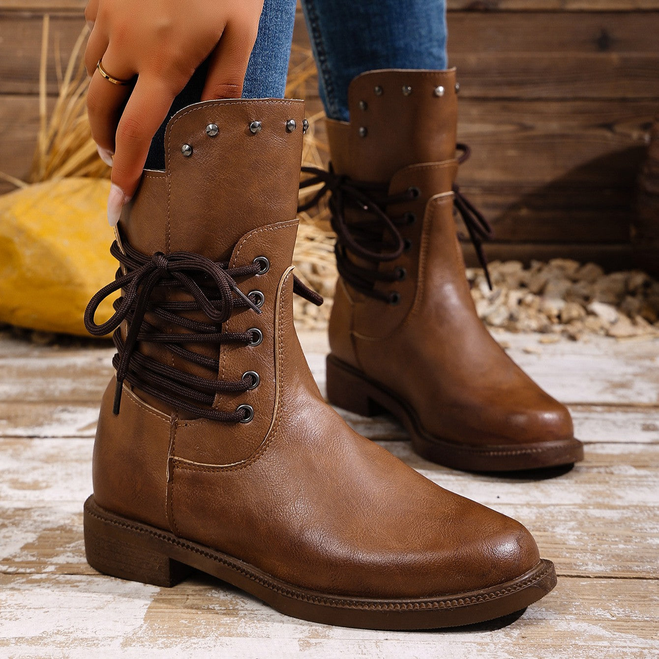 Women's Rivet Roma Boots - Side Lace Chunky Heel Mid Calf Boots (US 4-10.5)