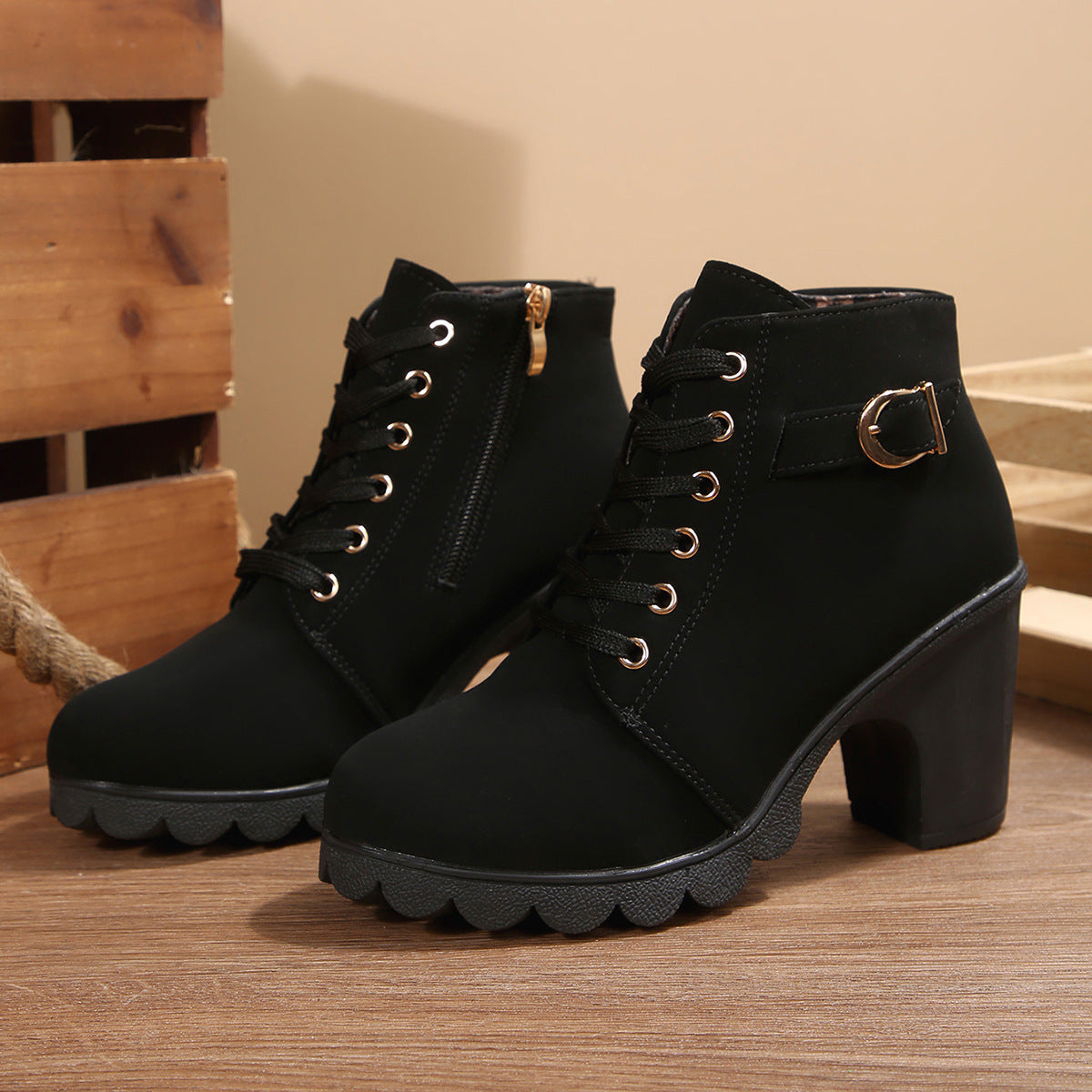 Women's Buckle Decorated Chunky Heel Ankle Boots - Side Zipper & Lace-Up Round Toe Mid-Calf Equestrian Boots (US 4-10)
