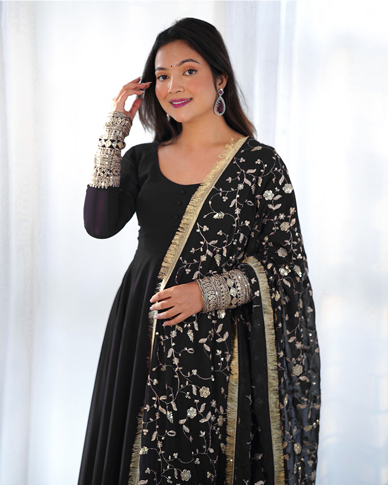 Black Color Soft Georgette Anarkali Gown With Heavy Embroidery Work Dupatta  - By Qivii